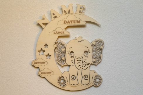 GEBURTSSCHILD ELEFANT AUF DEM MOND INKL. LED'S