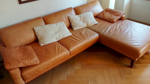 Hochwertige Echtleder Eckcouch mit Recamiere – Cognac – sehr gepflegt