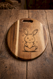 Rundes Schneidebrett aus Nussbaum und Ahorn mit Hasen-Gravur – Ø 17–20 cm / Länge 30 cm - Gratisinserat.ch